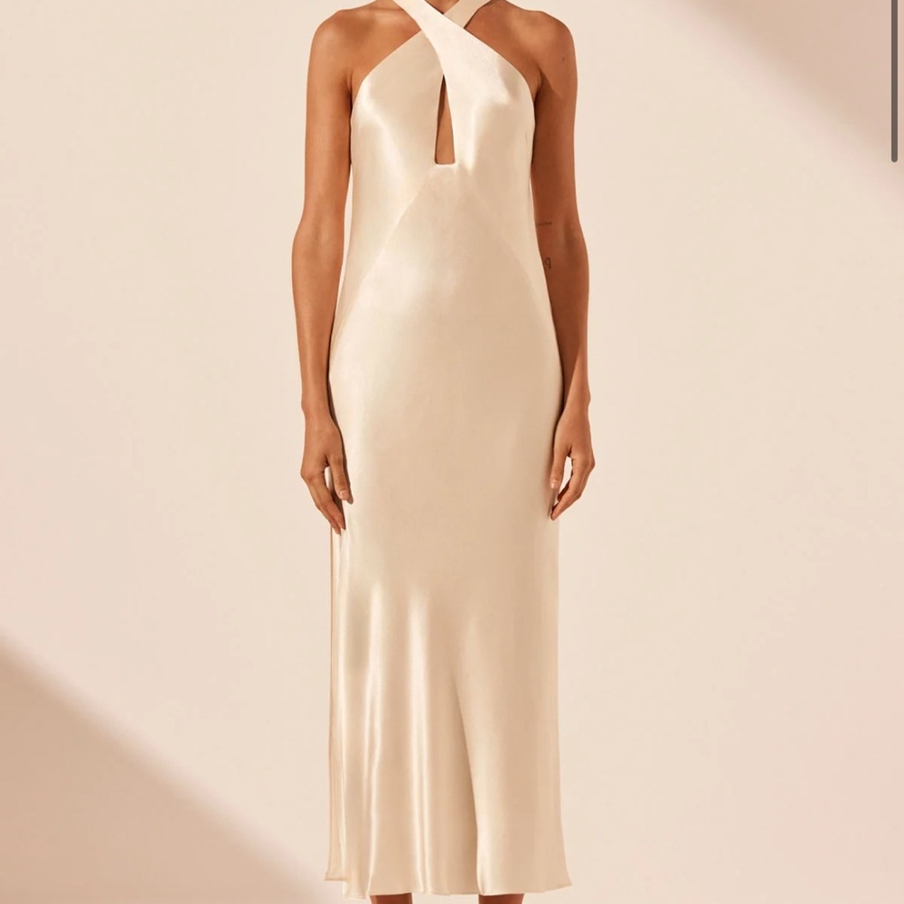Shona Joy Cream Backless Satin Halter Midi Dress